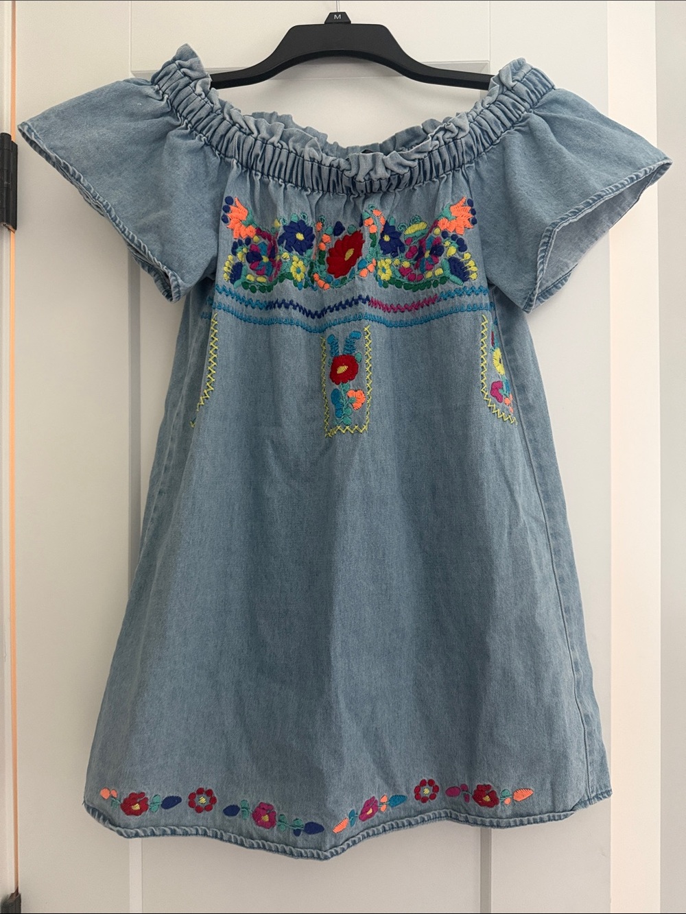 Karlie Light Blue Denim Off-Shoulder Dress with Multicolor Floral Embroidery